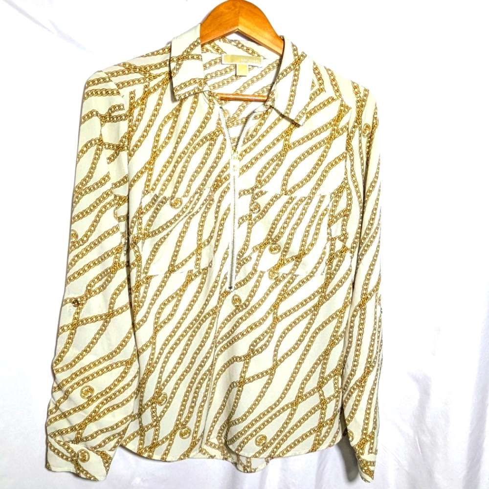 Women's Michael Kors Long Sleeve Chain Print 1/2 Zip Top, Casual, Office, Sz L‎
